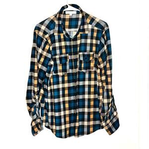 Eden & Olivia Plaid Flannel Blue Orange Button Up Buttons At cuff Shirt Size L